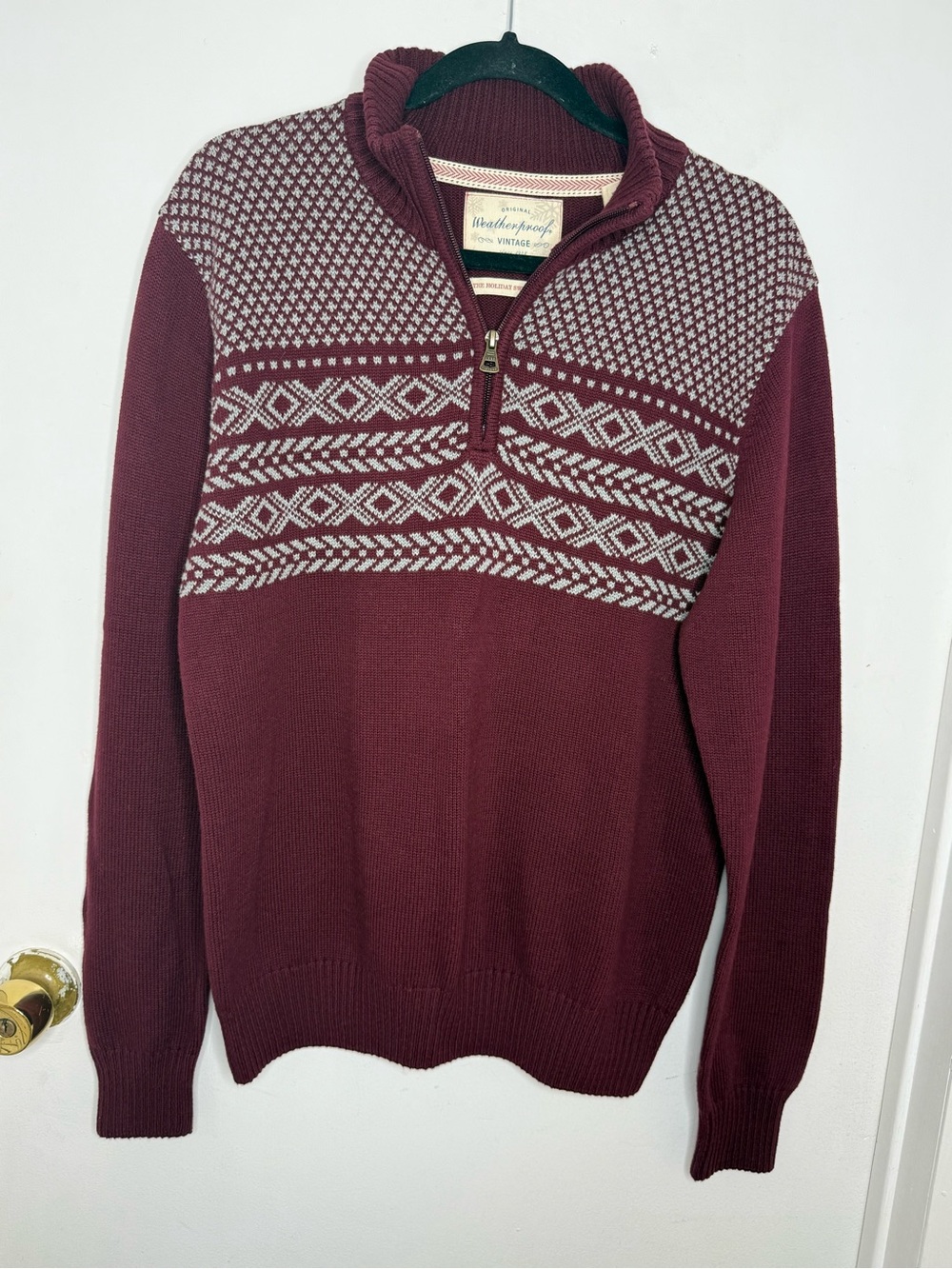 Weatherproof Men’s Burgundy & Cream Zip Sweater with Fair Isle Yoke
